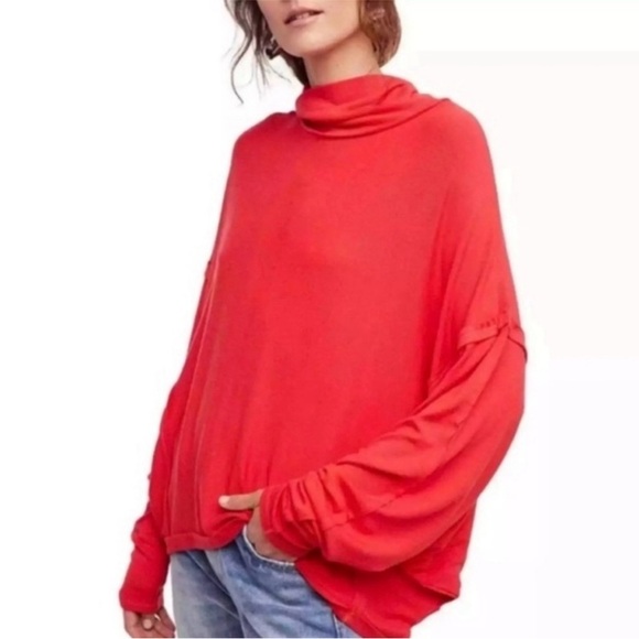 Free People We The Free Alameda Cowl Neck Sweater XS Coral Red Dolman Oversized - Picture 2 of 11